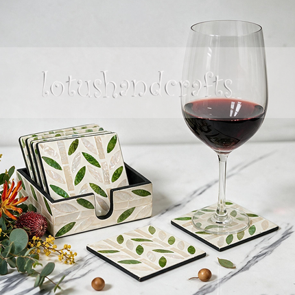 Mother-of-pearl mosaic coaster-organic green leaf design bringing fresh natural beauty to your table.
