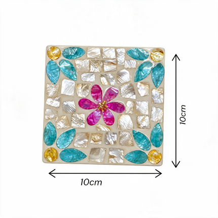 square seashell coaster 10cm × 10cm — iridescent mosaic flower design.