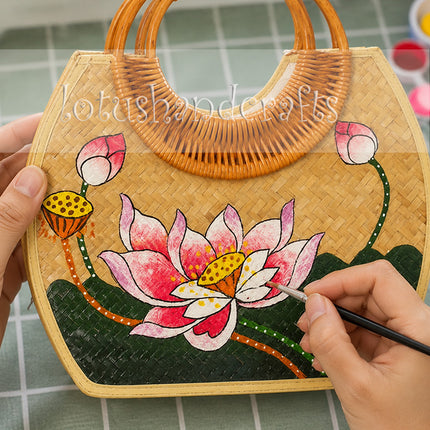 Hand-Painted Lotus Rattan Bag with Bamboo Handle.