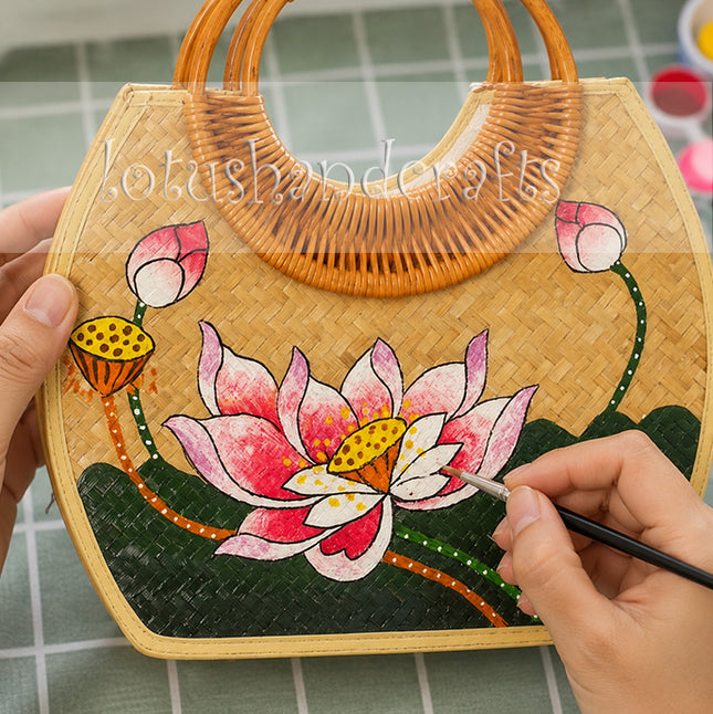 Hand-Painted Lotus Rattan Bag with Bamboo Handle.