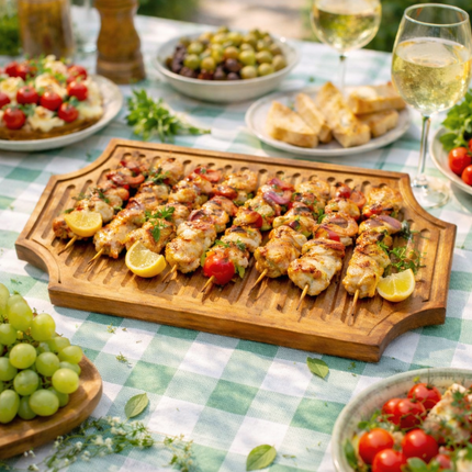 Large handcrafted wooden ribbed serving board tray with spacious design for serving multiple dishes elegantly.