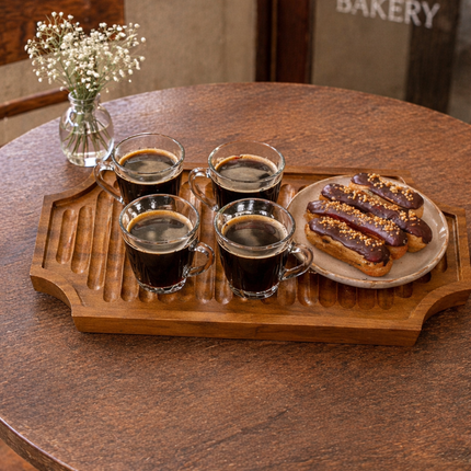 Large ribbed handcrafted wooden serving board tray, safe for users.