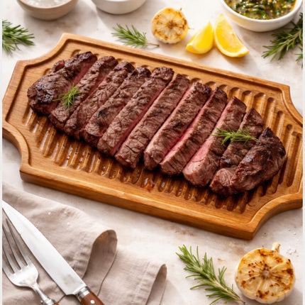 Large handcrafted wooden ribbed serving board tray, easy to clean and perfect for everyday serving and presentation.