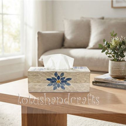 Front view showing the seamless floral pattern continuity across the side panel of the luxury tissue box.