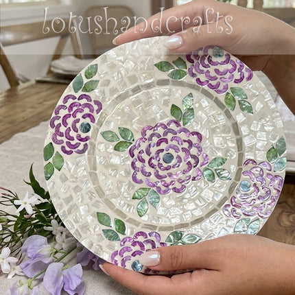 Handmade Mother of Pearl Purple Floral & Green Leaf Mosaic Inlay Decorative Charger Plate.