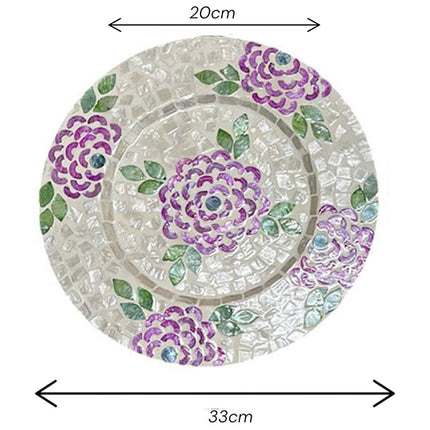 Mother of Pearl Round Purple Floral & Green Leaf Mosaic Inlay Decorative Charger Plate by Lotushandcrafts.