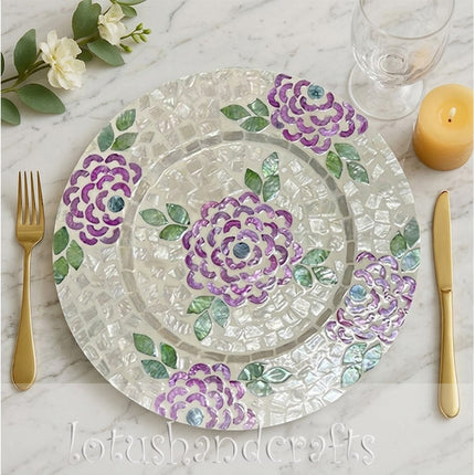 Mother of Pearl Round Purple Floral & Green Leaf Mosaic Inlay Decorative Charger Plate.