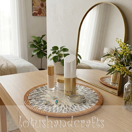 Round Rattan & Mother of Pearl Sunburst Floral Mosaic Rattan Placemat by Lotushandcrafts. 