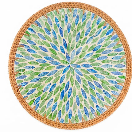 handcrafts blue green botanical leaf burst mother of pearl rattan round charger plate.