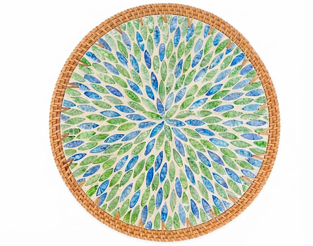 handcrafts blue green botanical leaf burst mother of pearl rattan round charger plate.