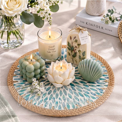 Beautiful blue green leaf pattern spreads outward from the center, adding freshness and artistic charm.