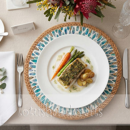 Artistic turquoise sunburst pattern combines delicate leaf shapes with woven rattan for timeless tabletop elegance.