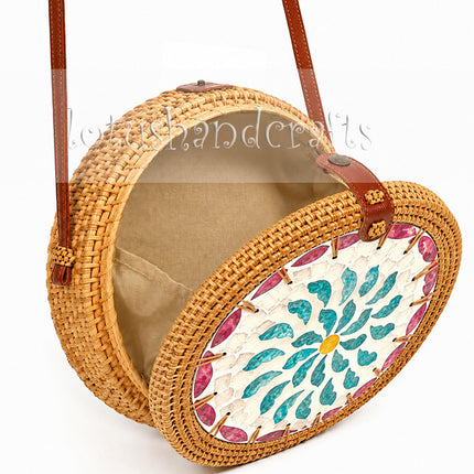 Mother of Pearl Floral Mosaic Round Rattan Crossbody Bag Style.