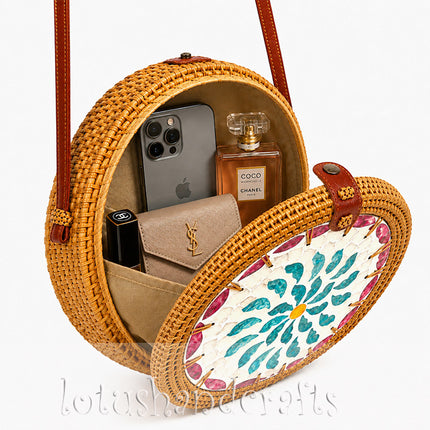 Mother of Pearl Floral Mosaic Round Rattan Crossbody Bag with a Luxurious Design.