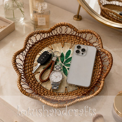 Artisan Rattan Decorative Bowl with Genuine Mother of Pearl Inlay.