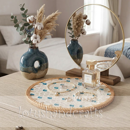 Round  Rattan Mother of Pearl Blue Mosaic Charger Plate by Lotushandcrafts.