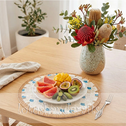 Handcrafts Rattan Mother of Pearl Blue Mosaic Round Placemat.