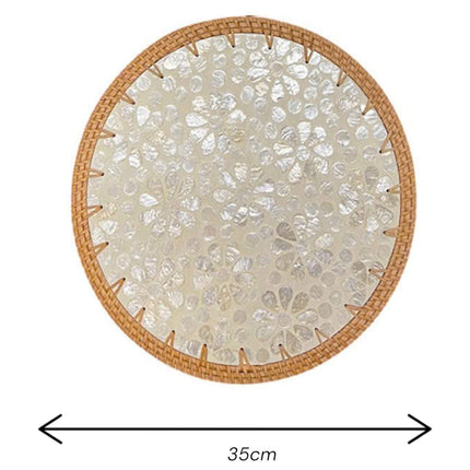 size Rattan Mother of Pearl Floral Mosaic Round Placemat by Lotushandcrafts. 