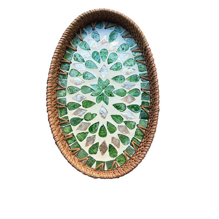 Handwoven Oval Rattan Tray featuring a Green Leaf Mother of Pearl Mosaic Inlay.