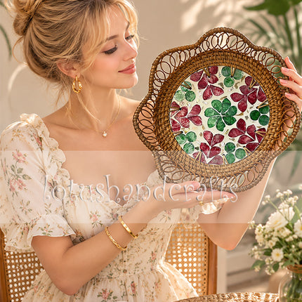 Premium Handwoven Rattan Tray with Pressed Botanical Leaf Mosaic Inlay.