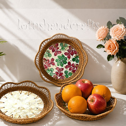 Handwoven rattan tray with natural capiz shell mosaic inlay.