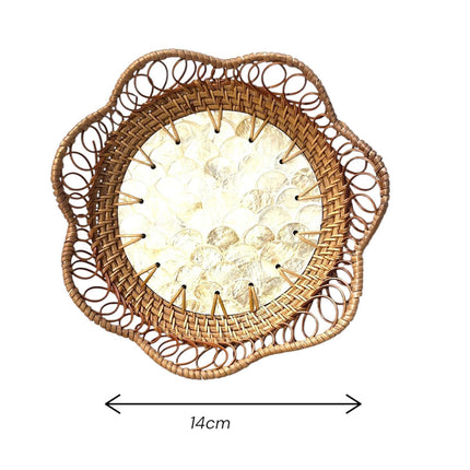 Handwoven rattan tray with natural capiz shell mosaic inlay for stylish home décor.