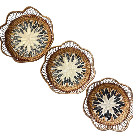 Handwoven Rattan Tray Set of 3 with Black and White Mother of Pearl Mosaic Inlay by Lotushandcrafts.