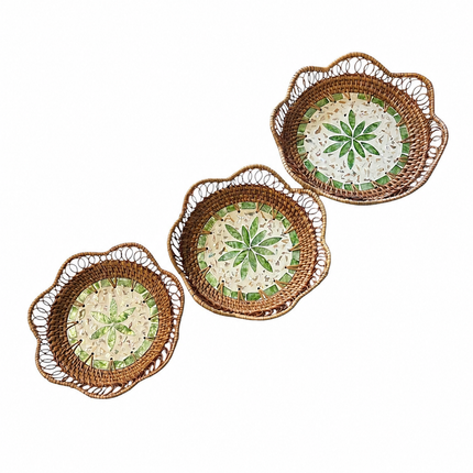 Handmade Rattan Tray Set with Mother of Pearl Floral Mosaic Inlay.