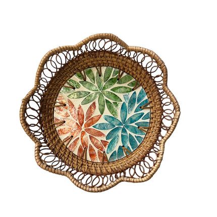 Handwoven Rattan Tray with Twelve Petal Botanical Rosette Inlay by Lotushandcrafts.