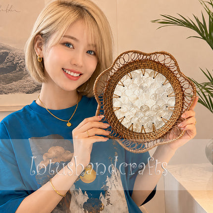 Handwoven Rattan Tray with Natural Capiz Shell Mosaic Inlay.