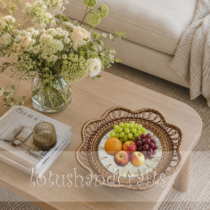 Handwoven Rattan Tray with Natural Capiz Shell Mosaic Inlay, Luxury Handmade Tray.