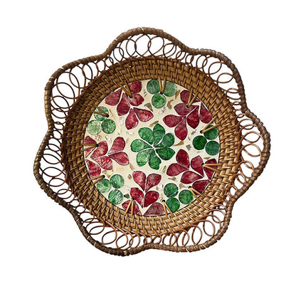 Handwoven Rattan Tray with Pressed Botanical Leaf Mosaic Inlay by Lotushandcrafts.