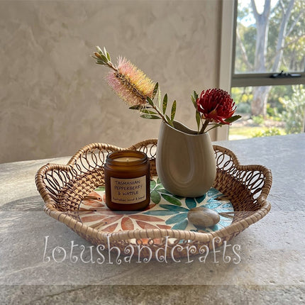 cute Rattan Tray with Twelve Petal Botanical Rosette Inlay by Lotushandcrafts.