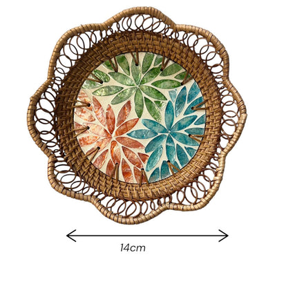 Handwoven rattan tray with twelve petal botanical rosette inlay in 14 cm size.