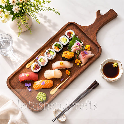 Rectangular redwood serving tray with handles that is easy to clean and practical.