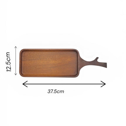 Rectangular redwood serving tray with handles in a versatile and practical size.