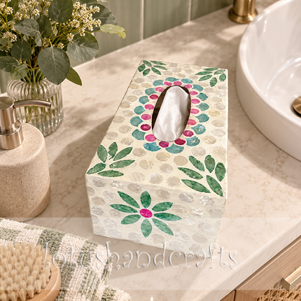 Decorative home accessory setup showing the elegant Vietnamese handcrafted shell inlay tissue box, perfect for tabletops and vanity decor.