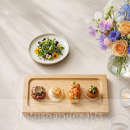 Everyday rectangular wooden tray made from natural ash wood, safe for daily food serving use.