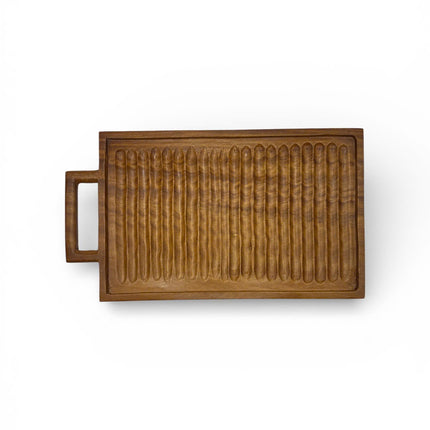 Handcrafted redwood chopping board with handle for cute and cozy everyday coffee serving.