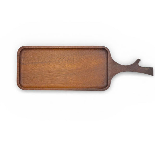 Cute rectangular redwood serving tray with handles for stylish coffee serving and cozy home decor.
