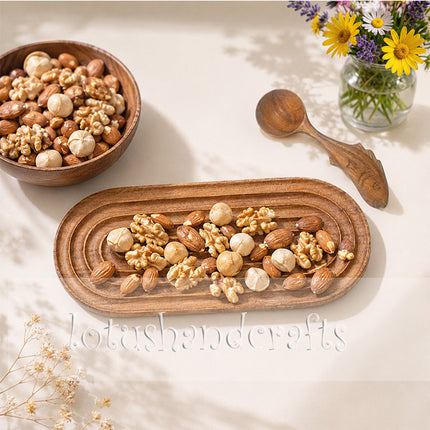 Small Ripple Oval Redwood Serving Tray made from natural wood and safe for everyday food serving.