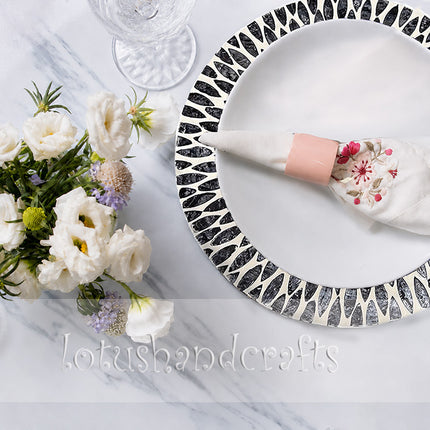  Round Mother of Pearl Placemat featuring a Black and White Leaf Mosaic Pattern.