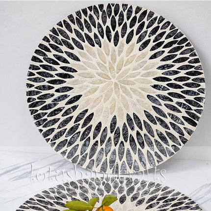 Cute Round Mother of Pearl Placemat featuring a Black and White Leaf Mosaic Pattern.