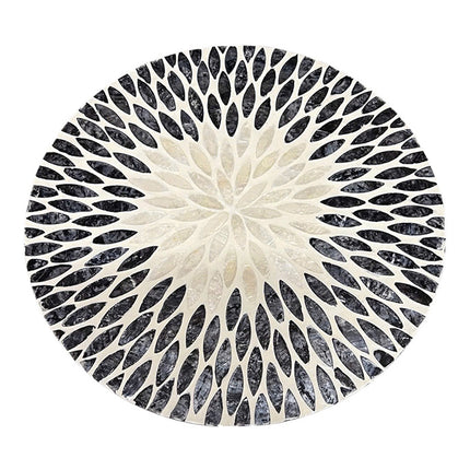 Handcrafted Round Mother of Pearl Placemat featuring a Black and White Leaf Mosaic Pattern by Lotushandcrafts.