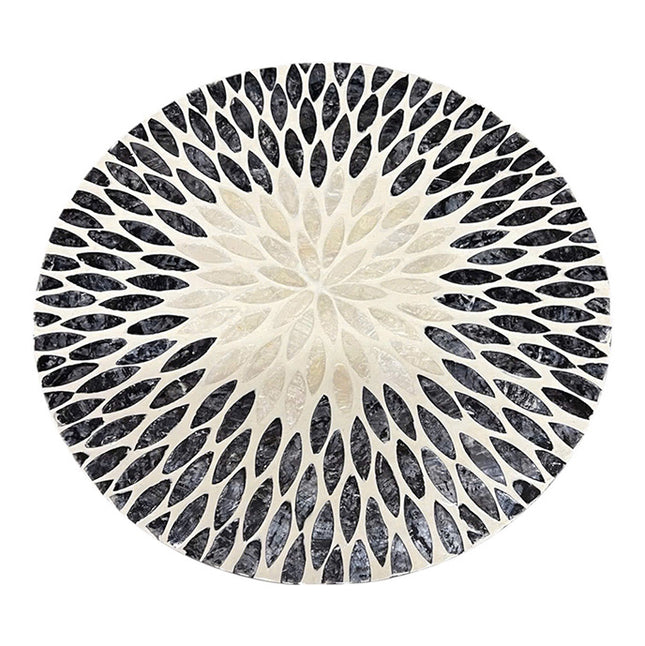 Handcrafted Round Mother of Pearl Placemat featuring a Black and White Leaf Mosaic Pattern by Lotushandcrafts.