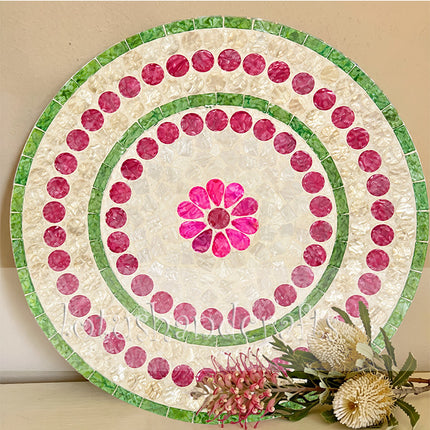 Mother of Pearl Round Green Pink Floral Mosaic Inlay Charger Plate.