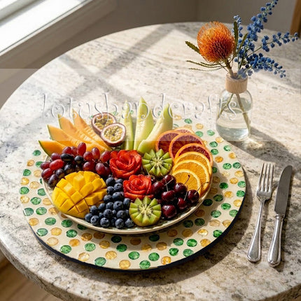 cute Mother of Pearl Round Green Yellow Purple Floral Inlay Charger Plate.