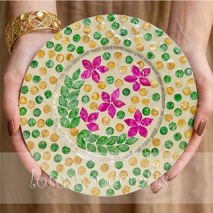 Mother of Pearl Round Green Yellow Purple Floral Inlay Charger Plate by Lotushandcrafts. 