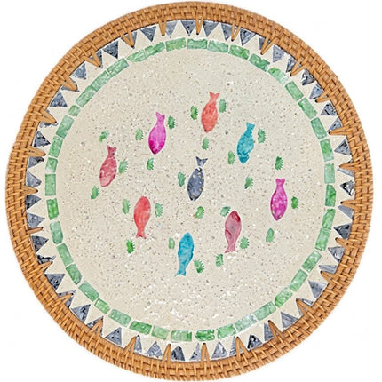 Handmade Mother of Pearl Rattan Round Tray, Serving Tray & Charger Plate with Fish Mosaic by Lotushandcrafts.