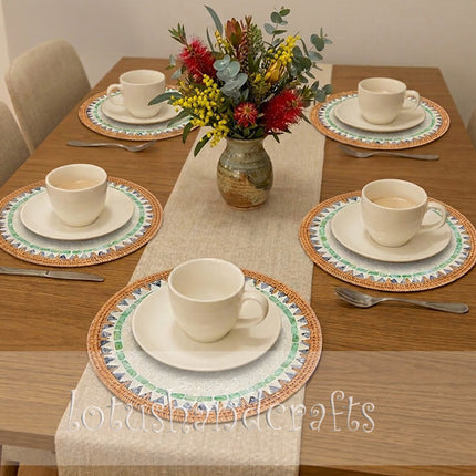 Handmade Mother of Pearl Rattan Round Tray, Serving Tray & Charger Plate with Fish Mosaic.
